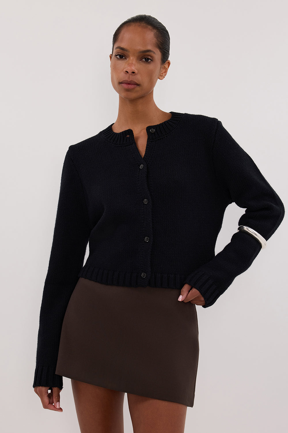Foster Black Wool Knit Cardigan - Cropped Boxy Silhouette
