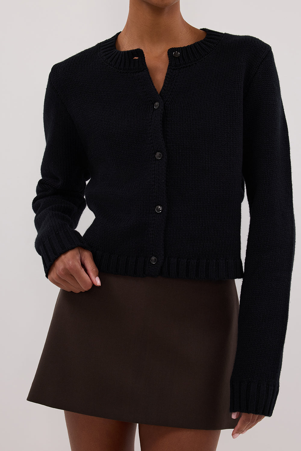 Foster Black Wool Knit Cardigan - Cropped Boxy Silhouette