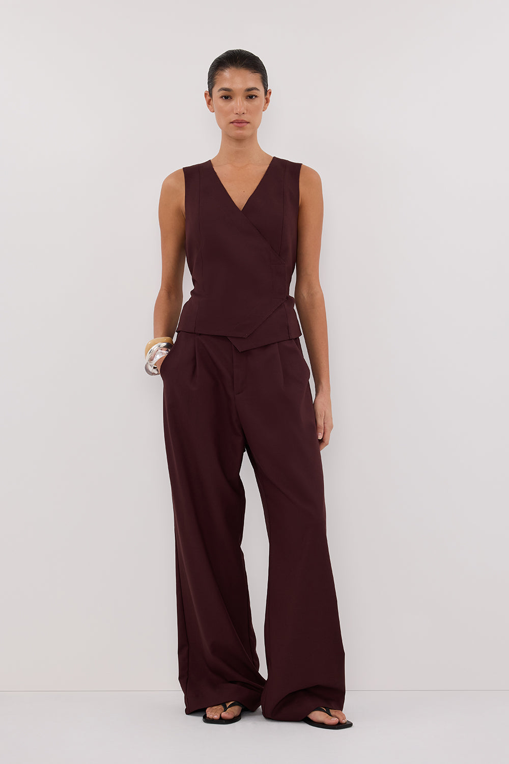 Camilla Walnut Asymmetric Wrap Top with Adjustable Waist Tie