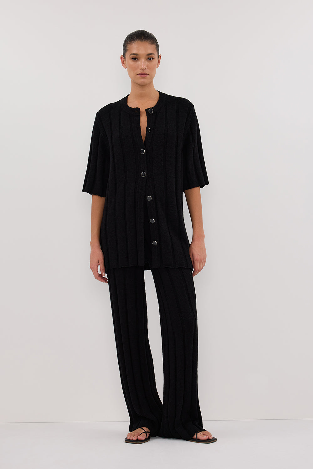 Black Ribbed Knit Shirt with Marble Buttons