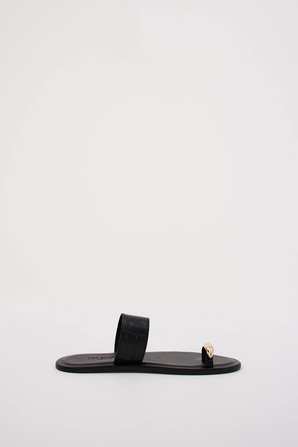 DOF Studios Monica Black Leather Sandals with Gold Embellishment