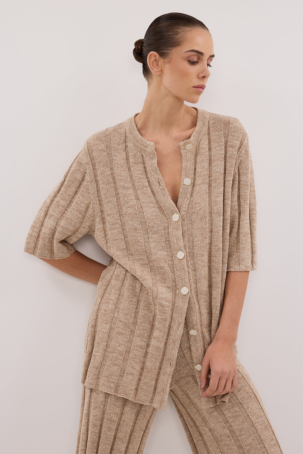 Jazz Natural Black Button Knit Shirt - Relaxed Ribbed Crew Neck