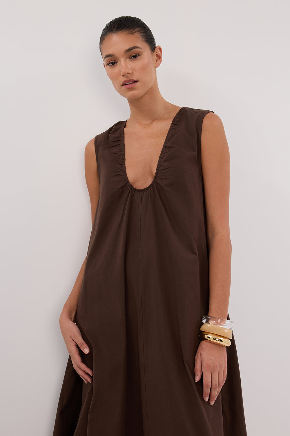 Gabby Bitter Chocolate Cotton Midi Dress with Pockets