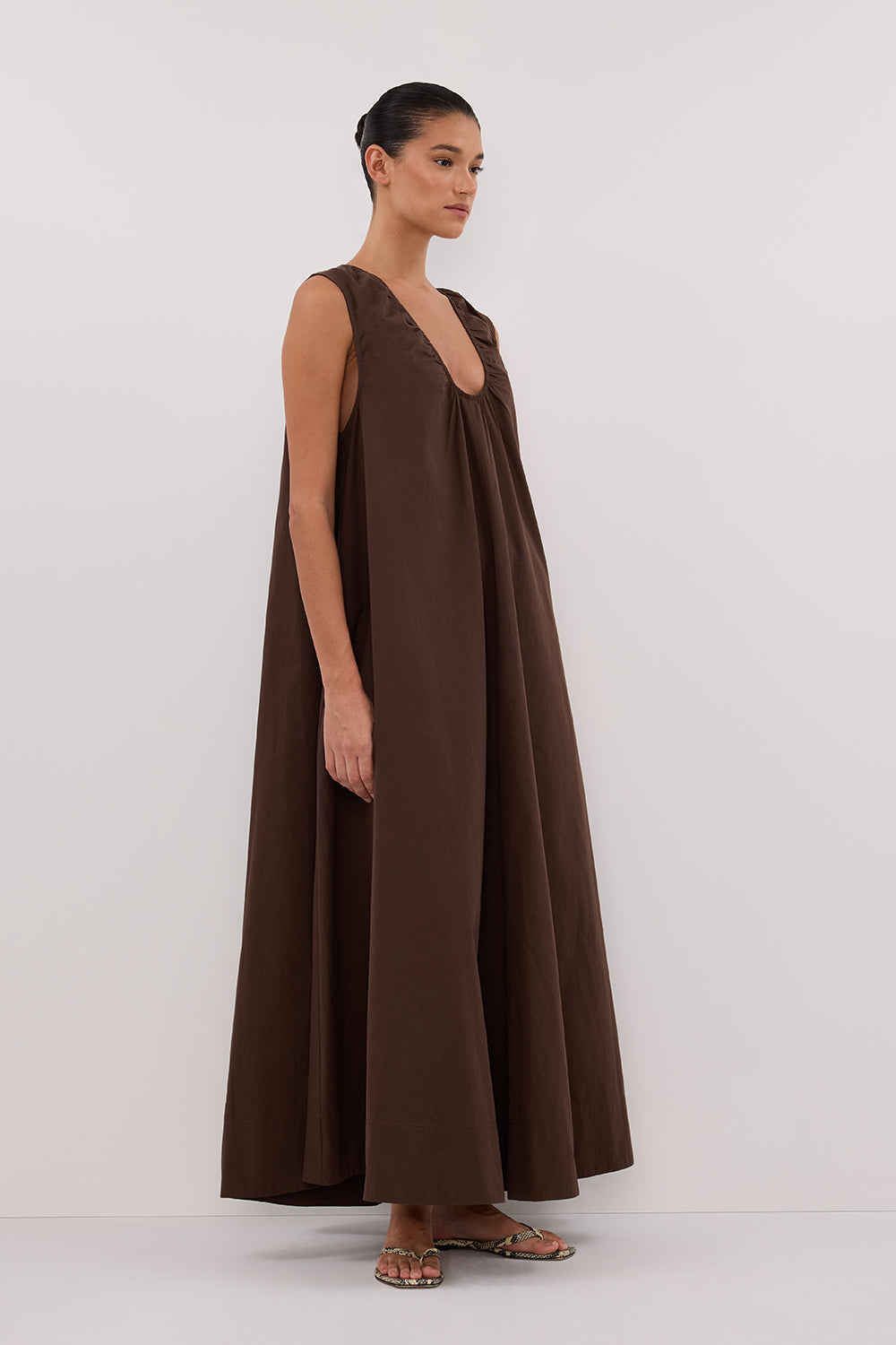 Gabby Bitter Chocolate Cotton Midi Dress with Pockets