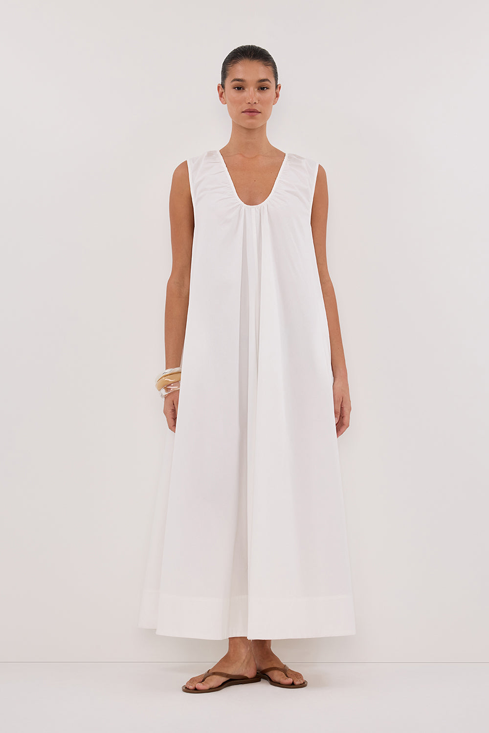 Gabby White Cotton Midi Dress with Pockets - Sleeveless Scoop Neck