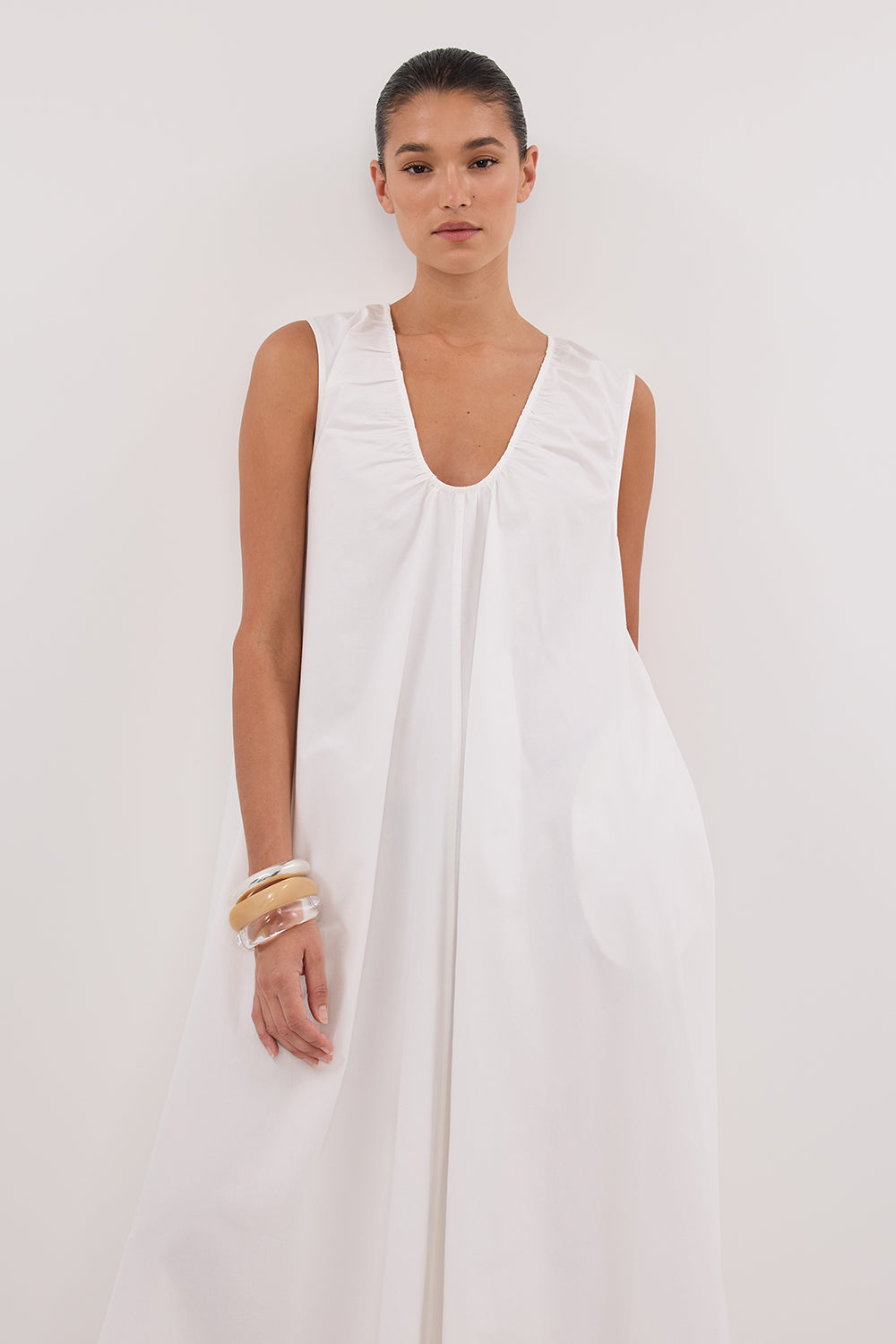 Gabby White Cotton Midi Dress with Pockets - Sleeveless Scoop Neck