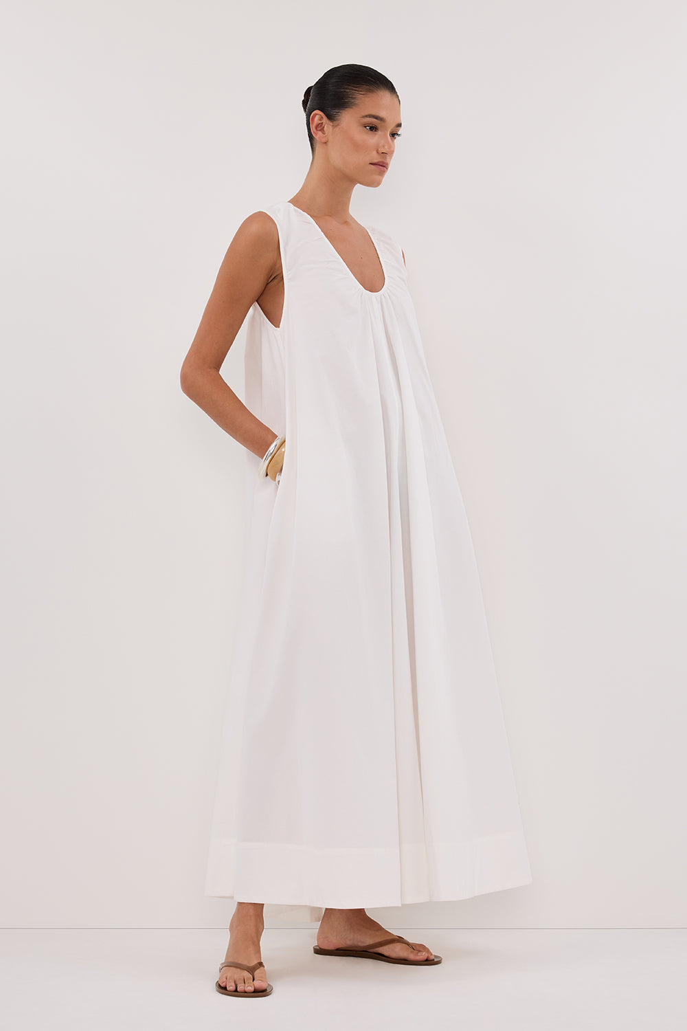 Gabby White Cotton Midi Dress with Pockets - Sleeveless Scoop Neck