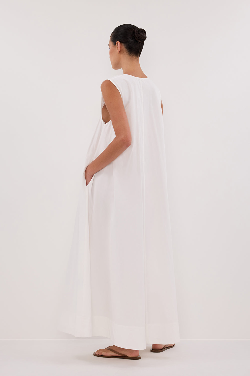 Gabby White Cotton Midi Dress with Pockets - Sleeveless Scoop Neck