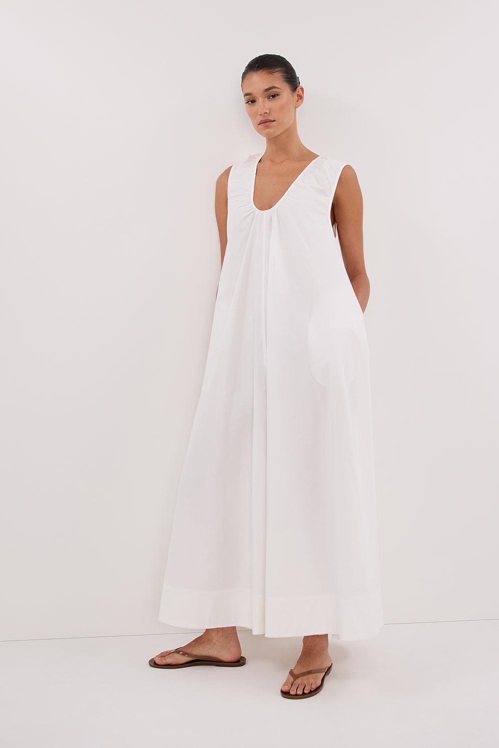 Gabby White Cotton Midi Dress with Pockets - Sleeveless Scoop Neck