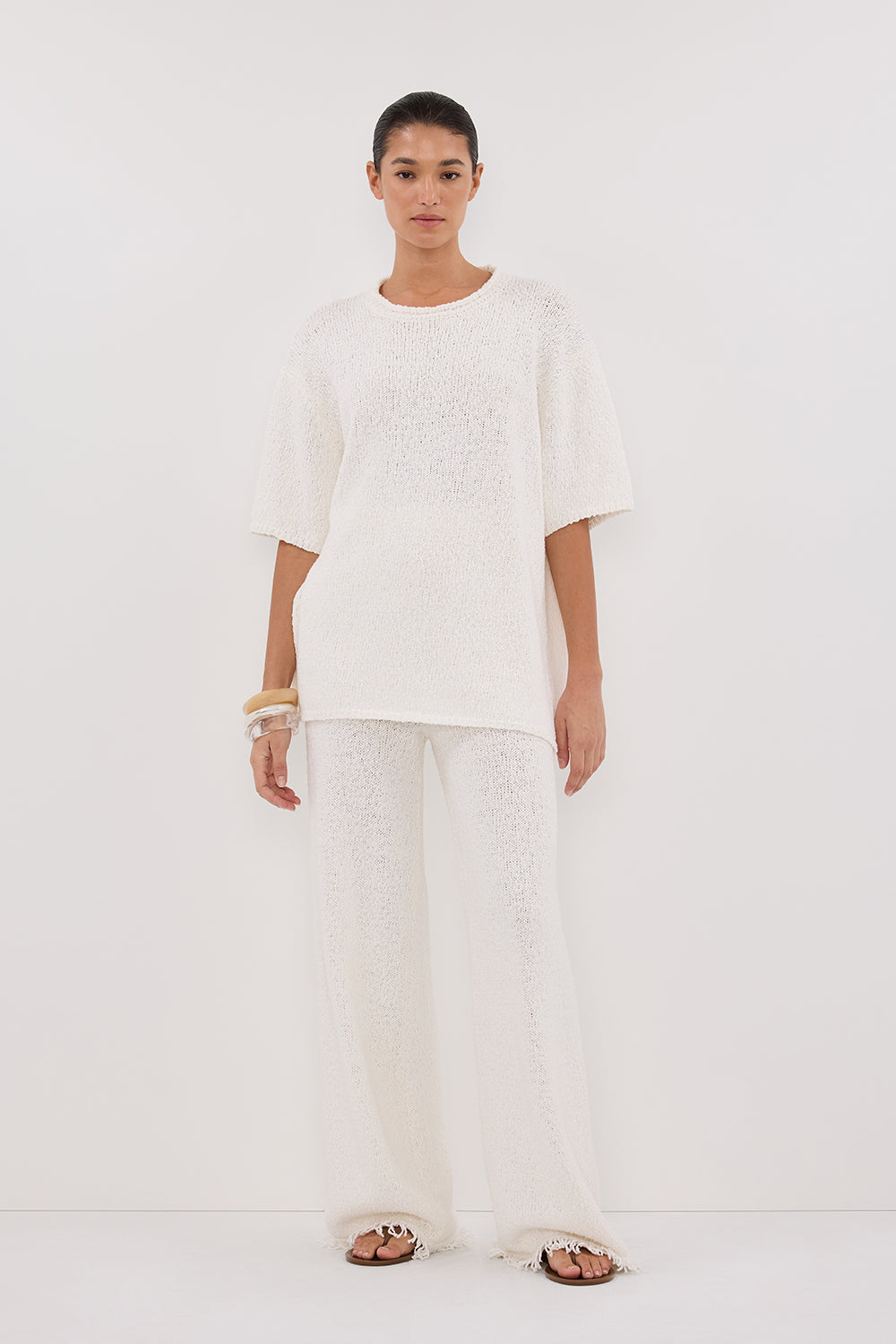 Off White Fringe Knit Pants - High Rise Ribbed Waistband