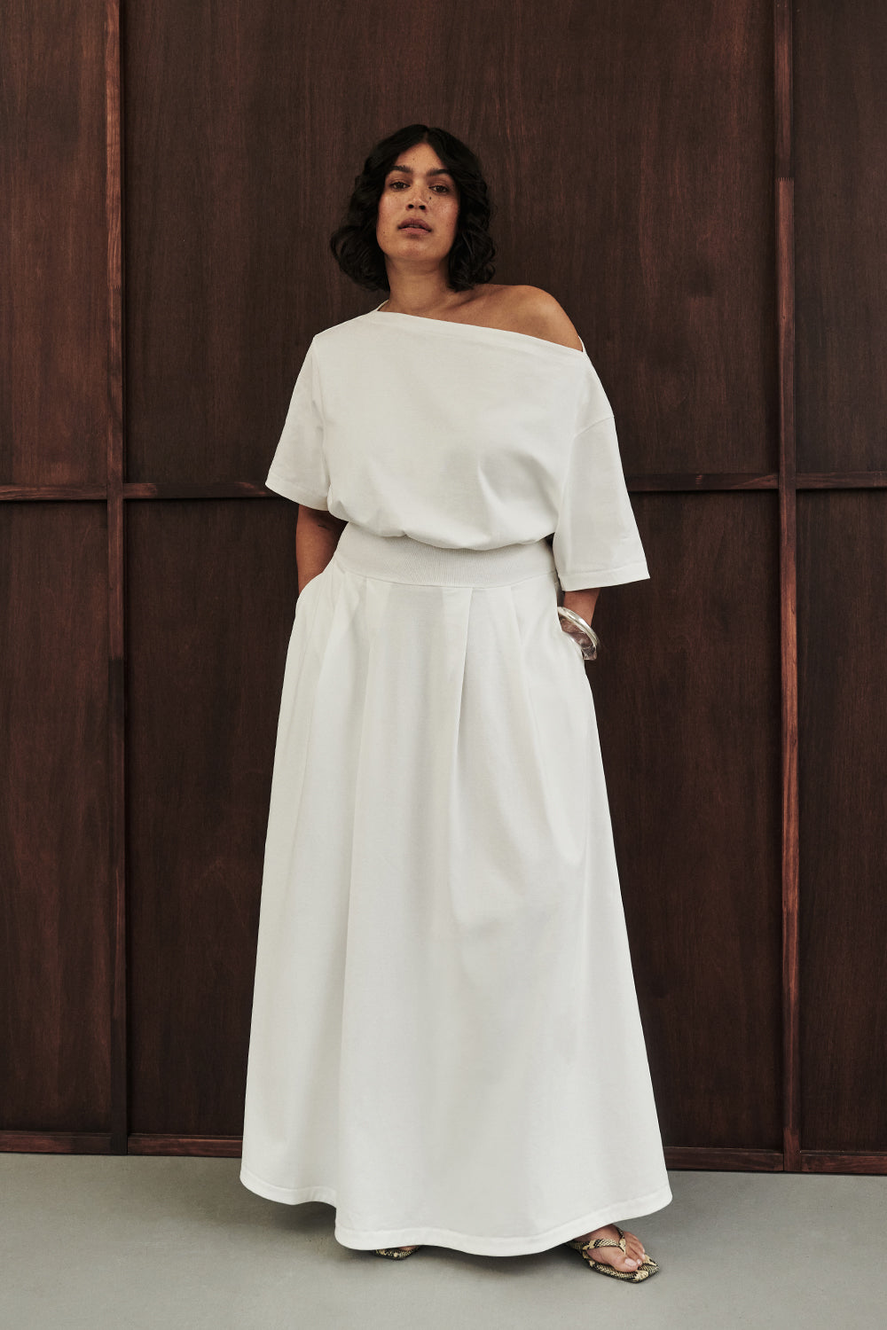 Esme White Asymmetrical Off-Shoulder Maxi Dress with Ribbed Waist