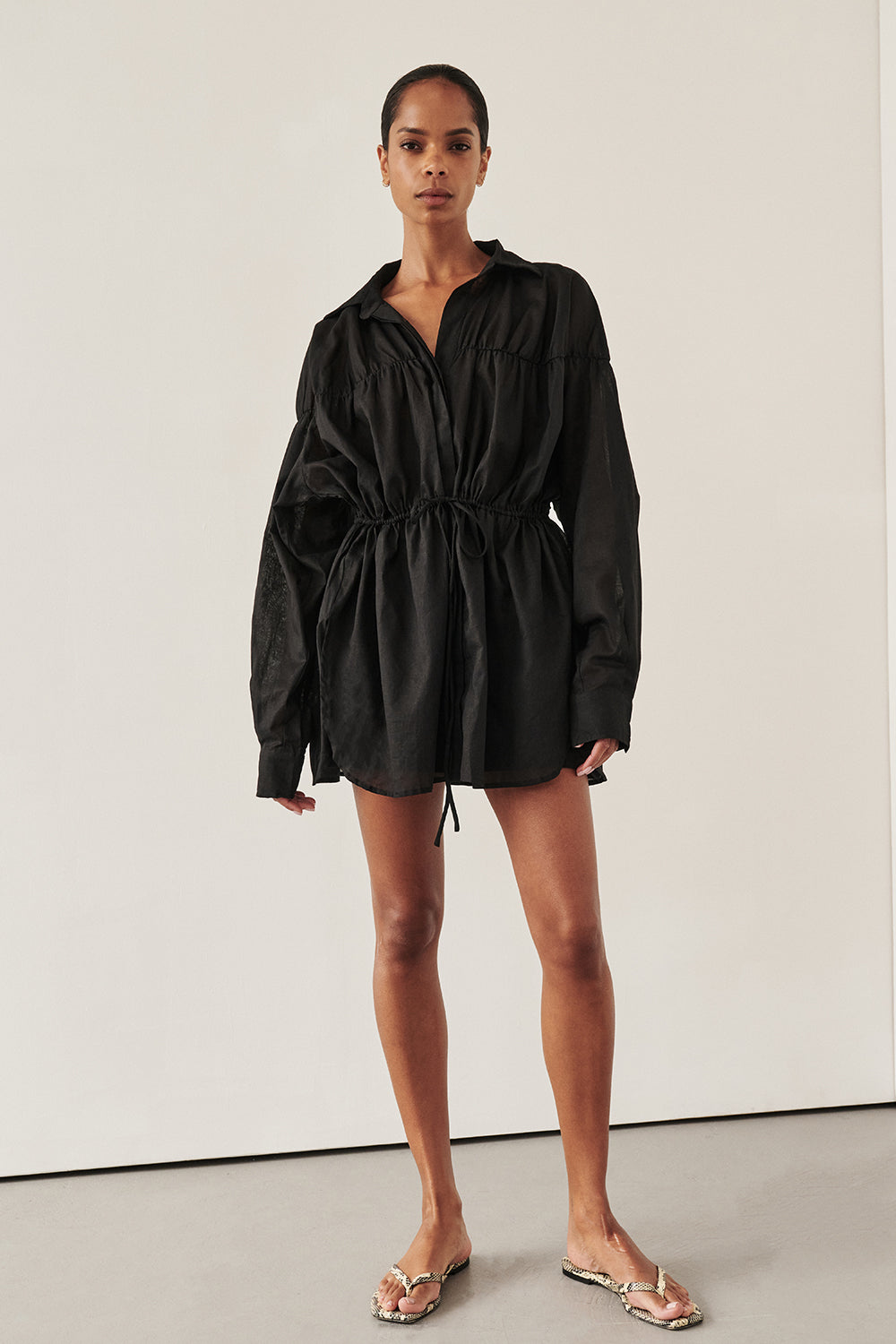 Black Linen Long Sleeve Top with V Neck & Adjustable Waist Tie