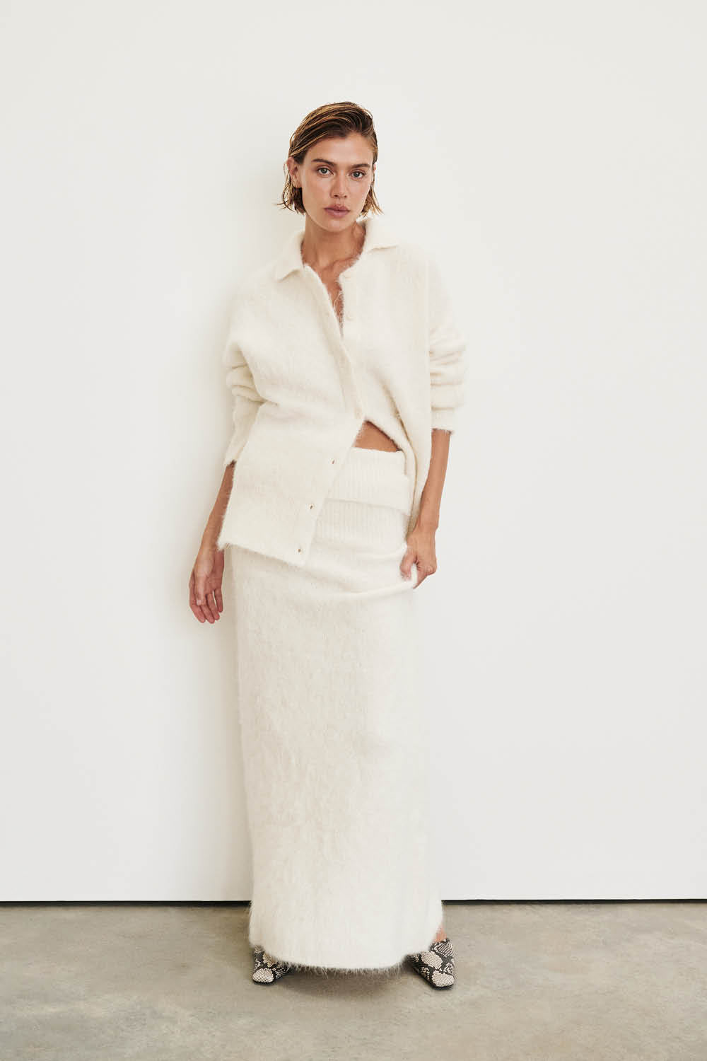 Salma Ivory Polo Neck Knit Cardigan - Fluffy Long Sleeve Jumper