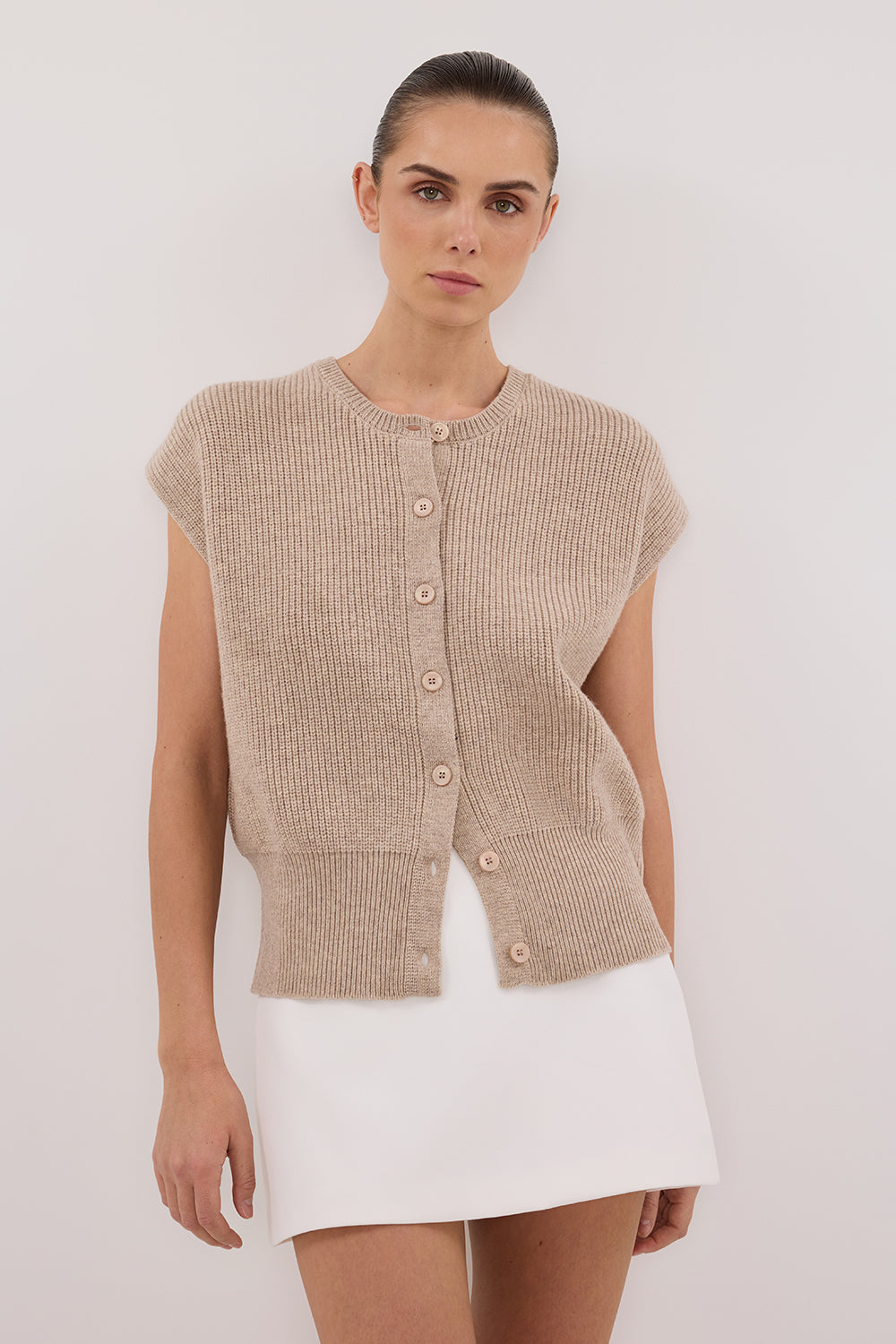 Kate Oat Marle Knit Vest Top - Relaxed Boxy Silhouette with Button Closure