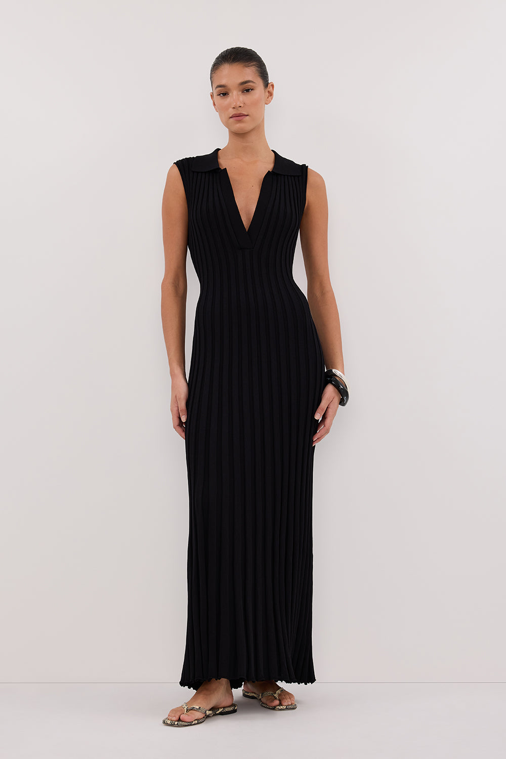 Black Sleeveless Knit Maxi Dress with V Neck & Adjustable Ties