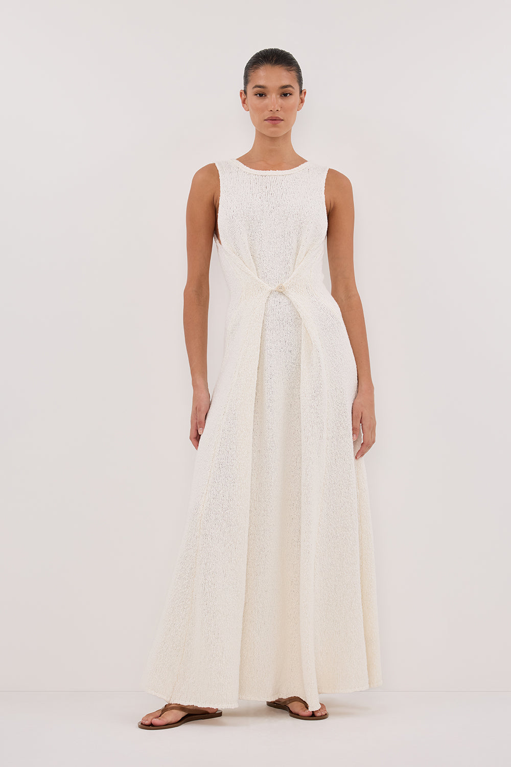 Sue Off White Boucle Knit Maxi Dress with Statement Buttons