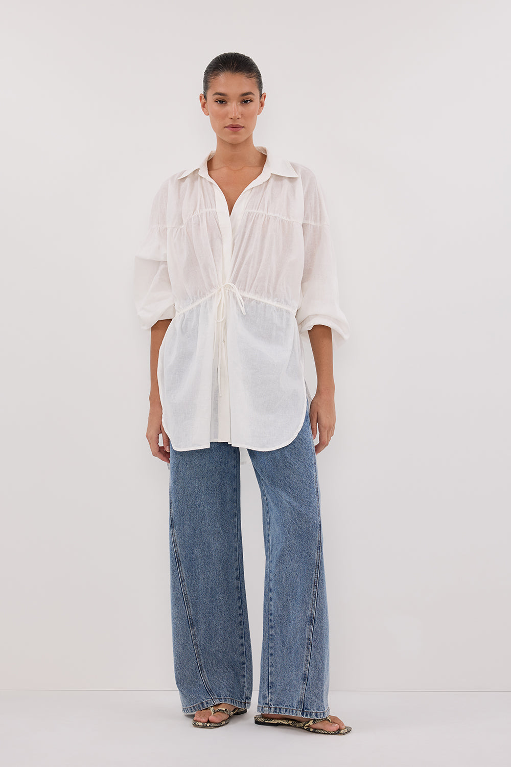 Floyce White Linen Long Sleeve Top with Adjustable Drawstring Waist