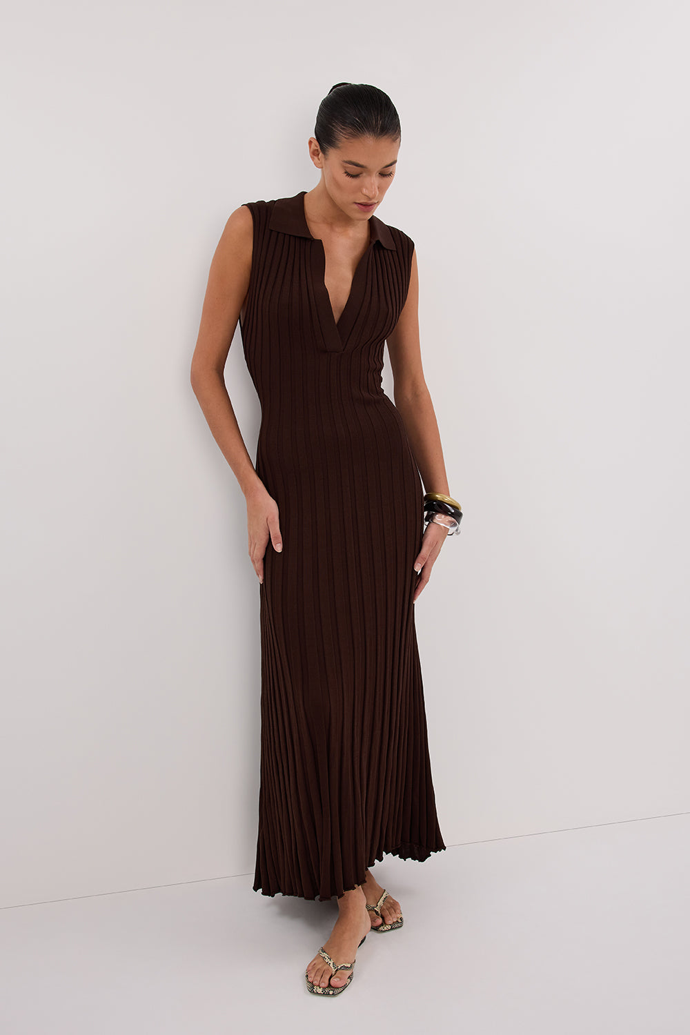 Chocolate Sleeveless Knit Maxi Dress with V-Neck & Adjustable Ties