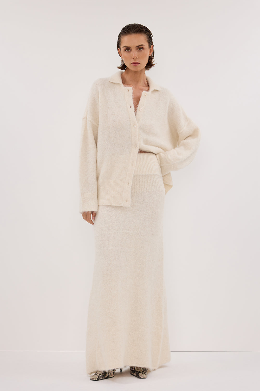 Salma Ivory Ribbed Knit Maxi Skirt - A-Line High Waist