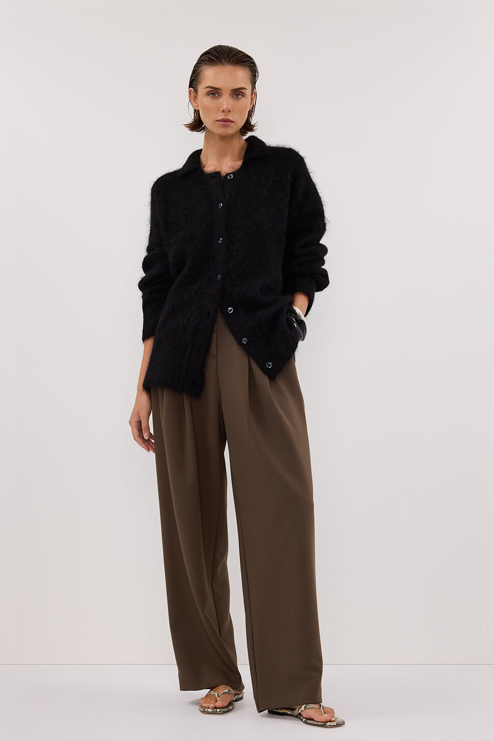 Salma Black Polo Neck Knit Cardigan - Fluffy Long Sleeve Jumper