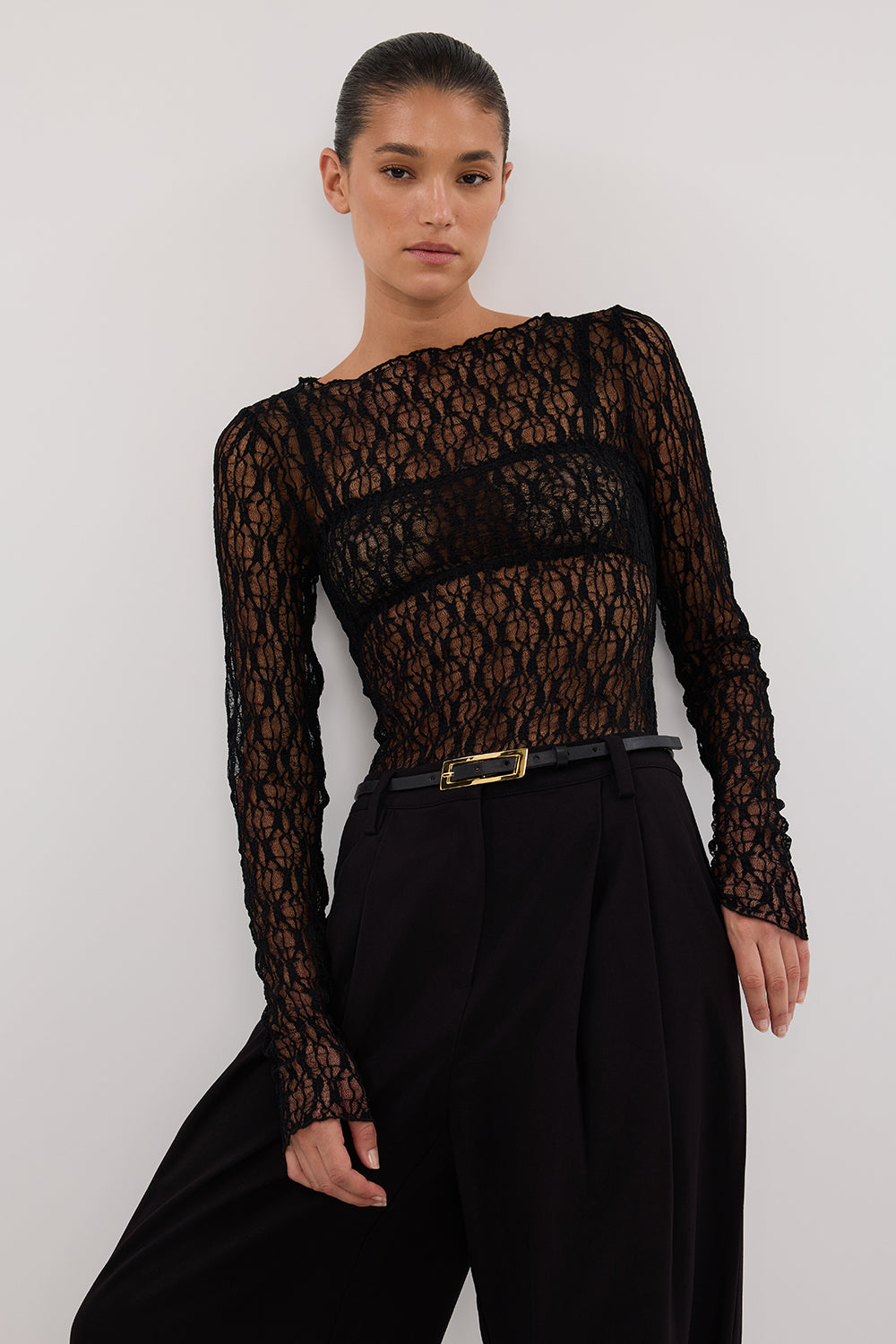 Lizzie Black Lace Long Sleeve Top with Removable Lining