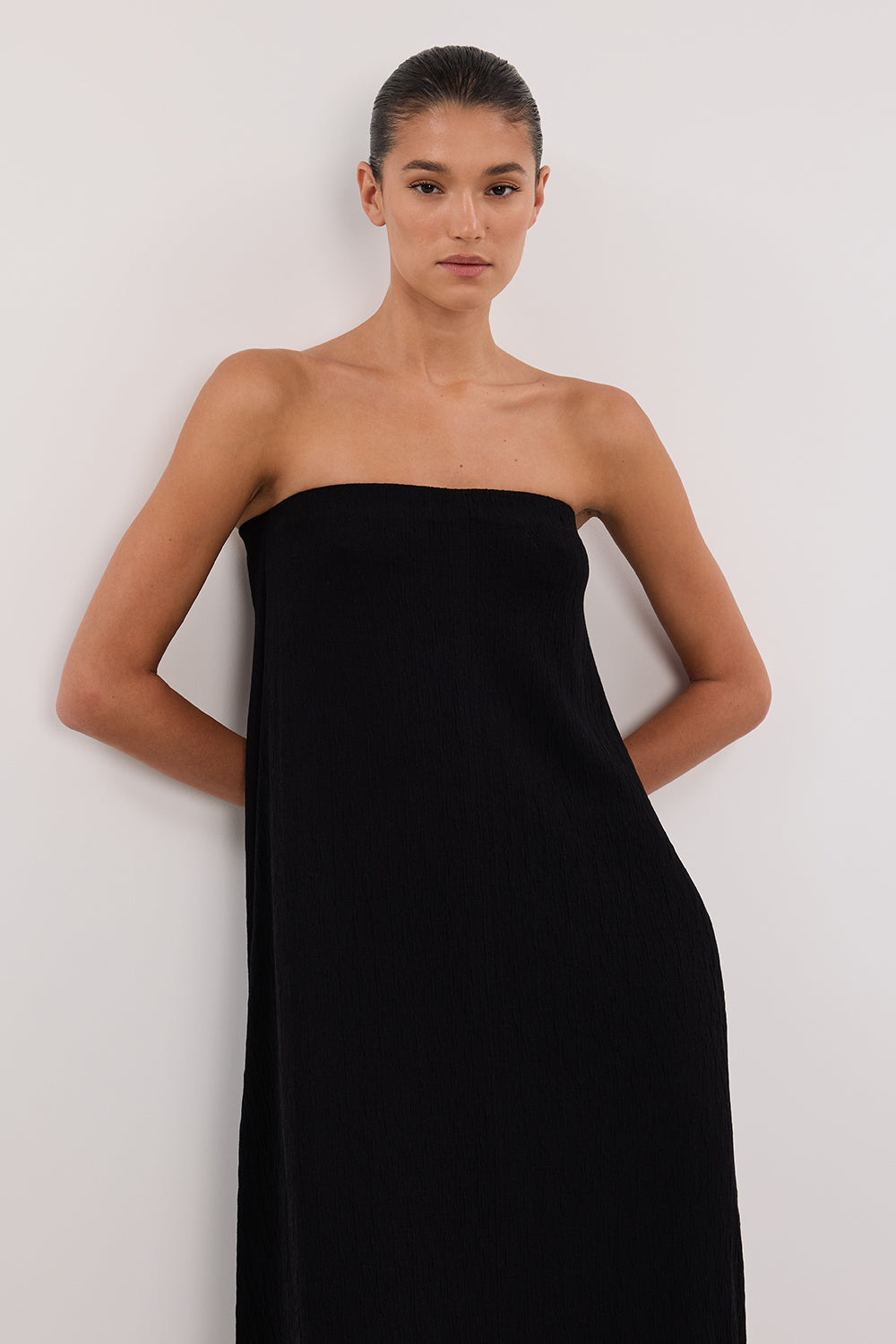 Black Textured Knit Strapless Midi Dress - Relaxed Oversized Fit