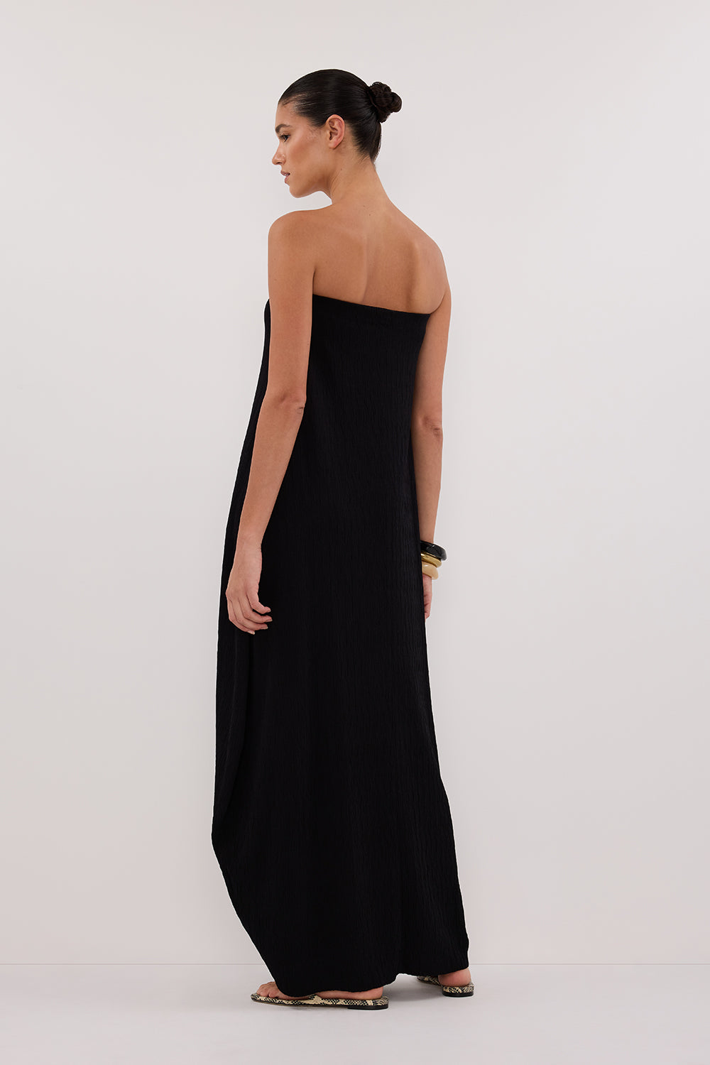 Black Textured Knit Strapless Midi Dress - Relaxed Oversized Fit