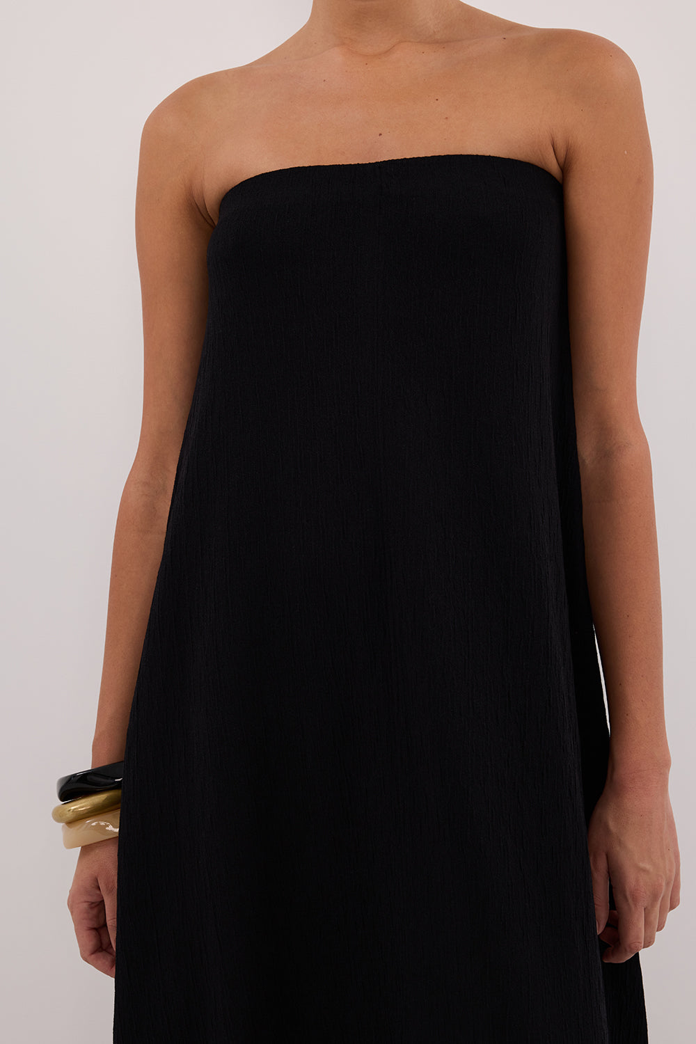 Black Textured Knit Strapless Midi Dress - Relaxed Oversized Fit