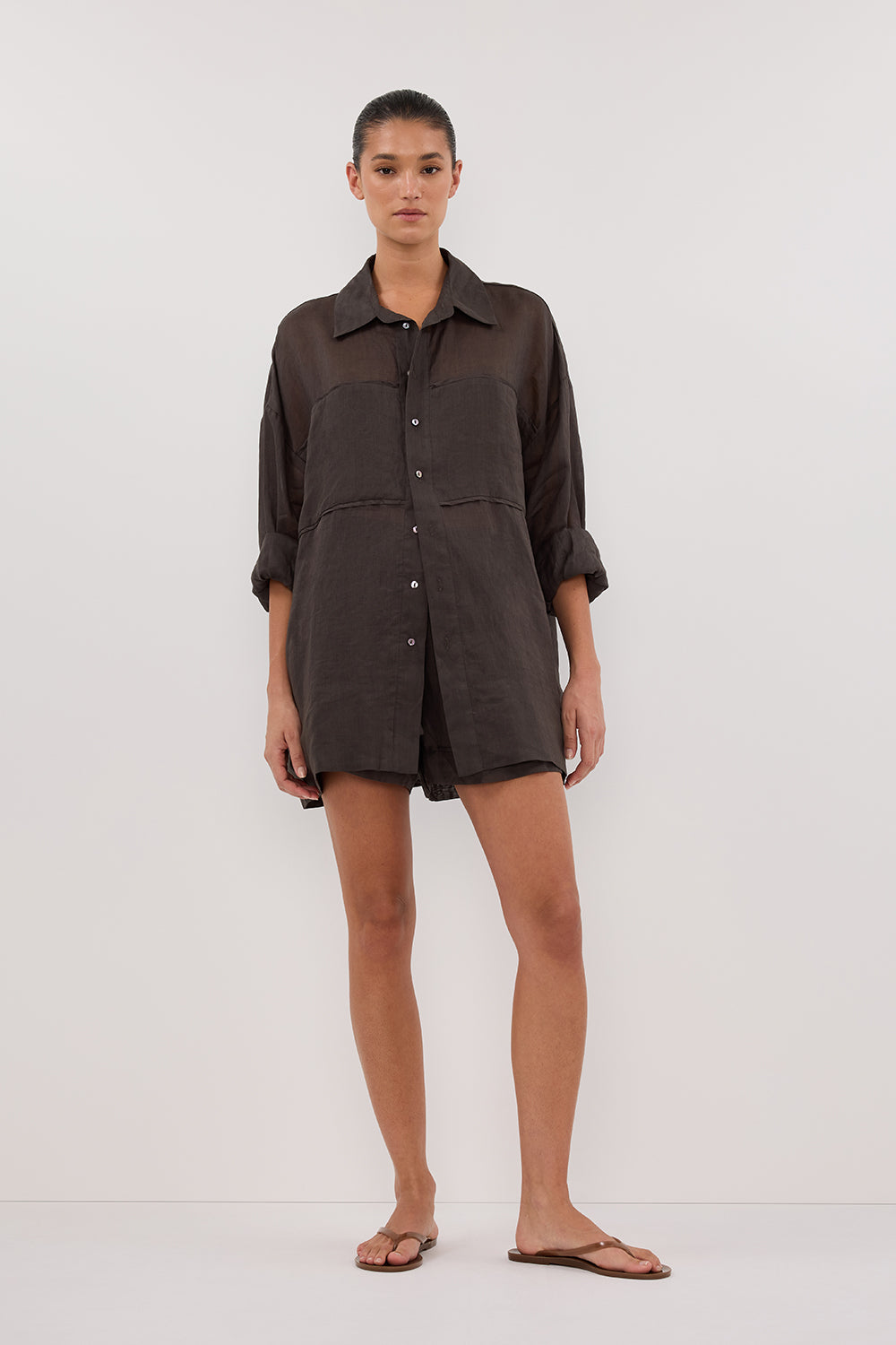 Kai Petrol Oversized Ramie Shirt - Long Sleeve Relaxed Fit
