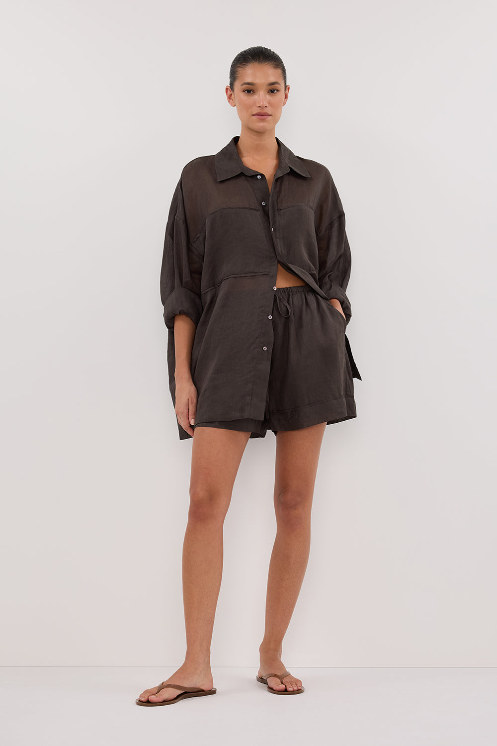 Kai Petrol High-Rise Ramie Shorts with Drawstring Waist