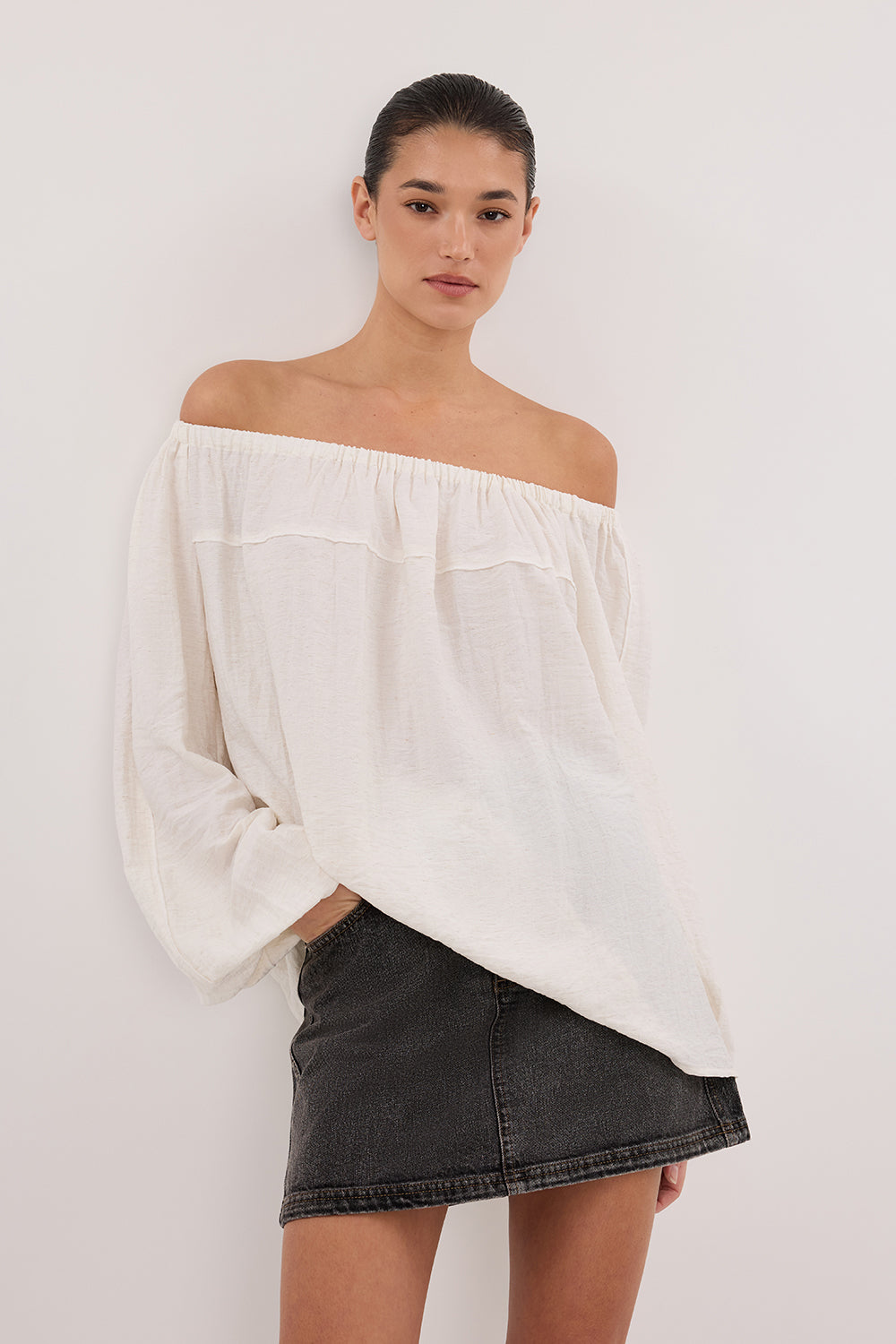 Shaniya Off Shoulder Long Sleeve Top - Cream Marle Blouson Style