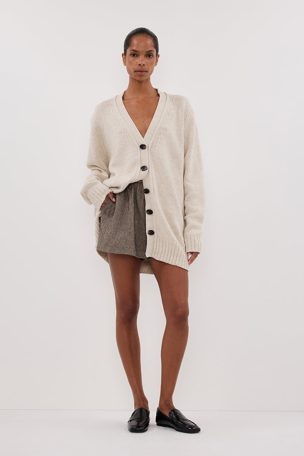 Zoe Chalk Longline Knit Cardigan with V Neck & Ribbed Cuffs