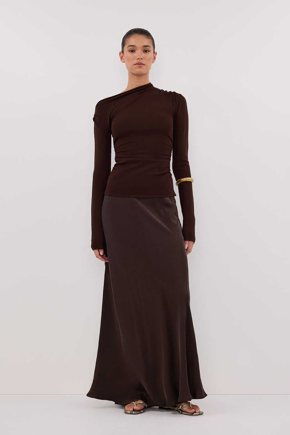 Ariel Choc Long Sleeve Knit Top with Asym Boat Neck & Ruching