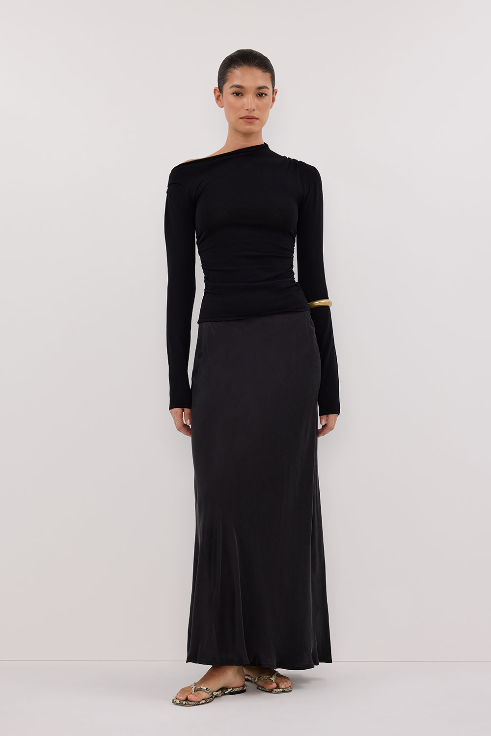 Ariel Black Long Sleeve Knit Top with Ruched Side Seams