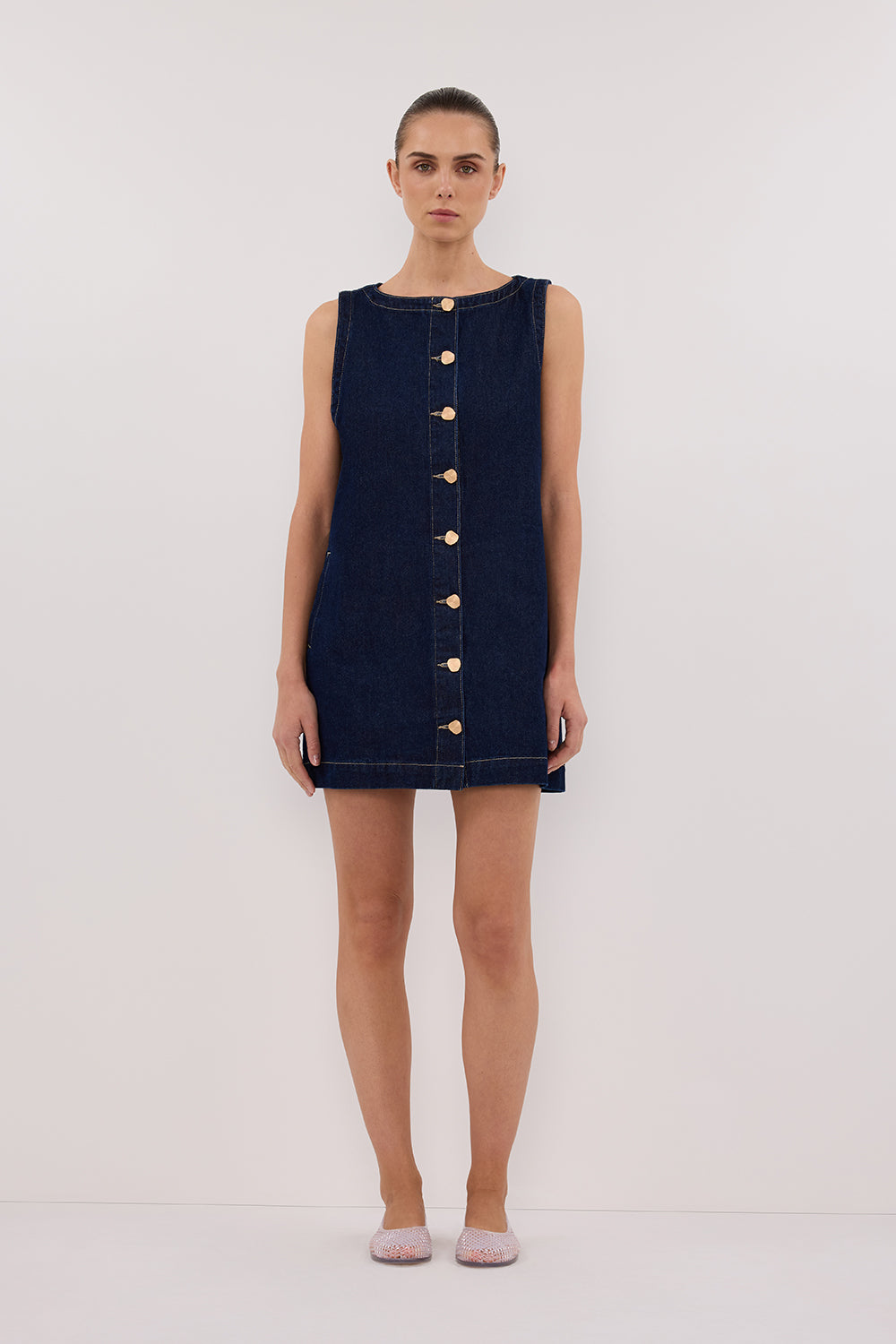 Sheri Indigo Denim Mini Dress with Gold Buttons & Pockets