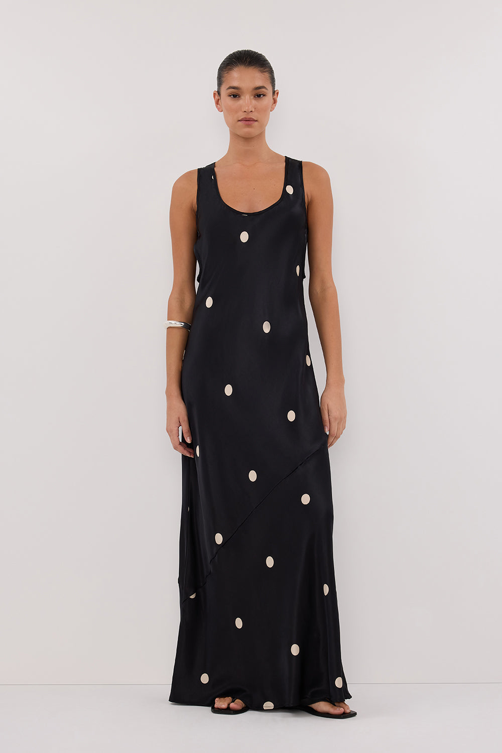 Laura Black Spot Silk Midi Dress - Sleeveless Scoop Neck Maxi