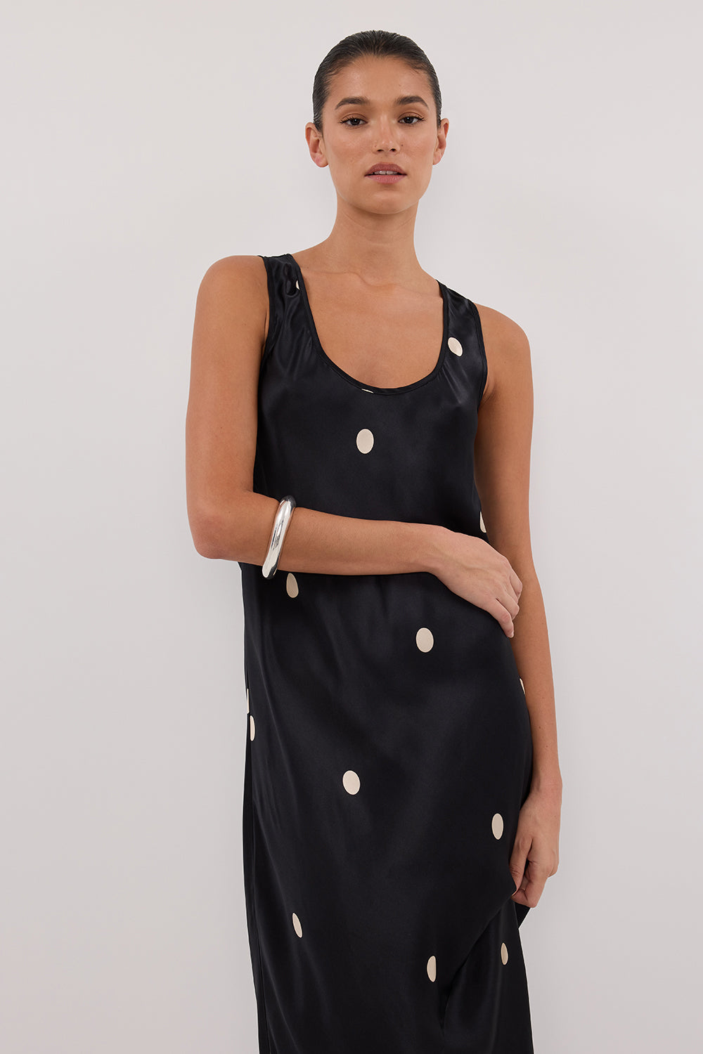 Laura Black Spot Silk Midi Dress - Sleeveless Scoop Neck Maxi