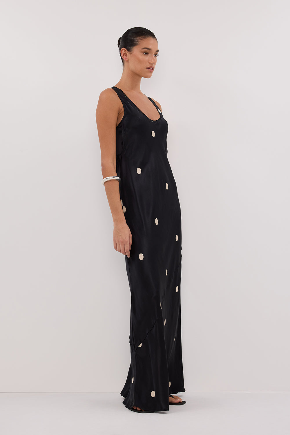 Laura Black Spot Silk Midi Dress - Sleeveless Scoop Neck Maxi