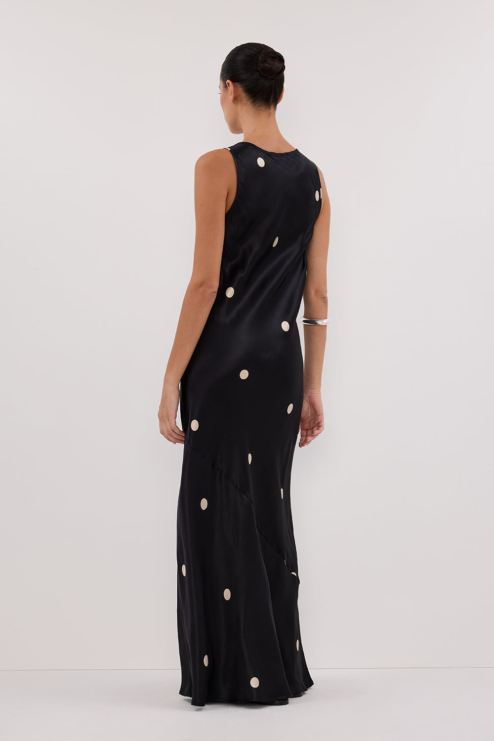Laura Black Spot Silk Midi Dress - Sleeveless Scoop Neck Maxi