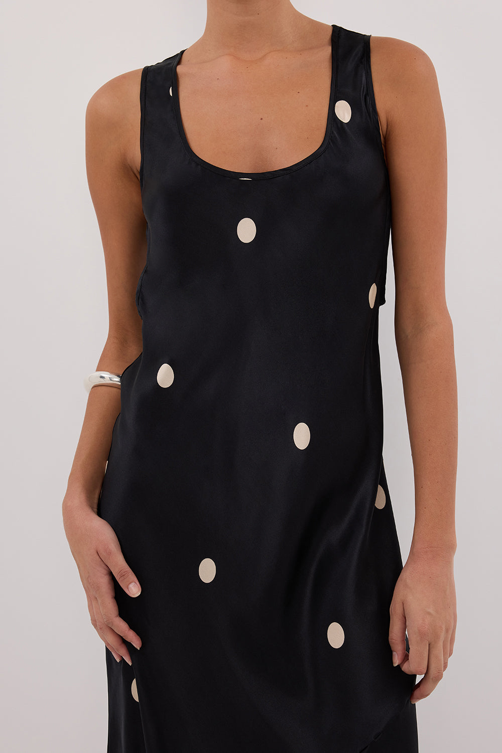 Laura Black Spot Silk Midi Dress - Sleeveless Scoop Neck Maxi