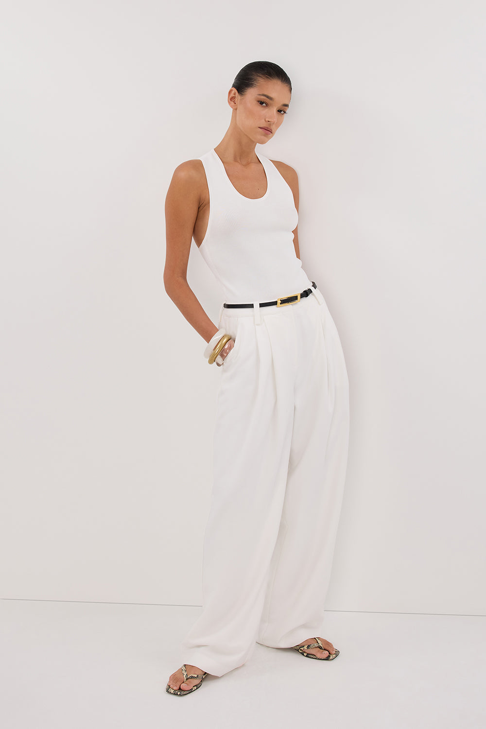 Eden White High-Rise Tailored Pants with Slouchy Fit