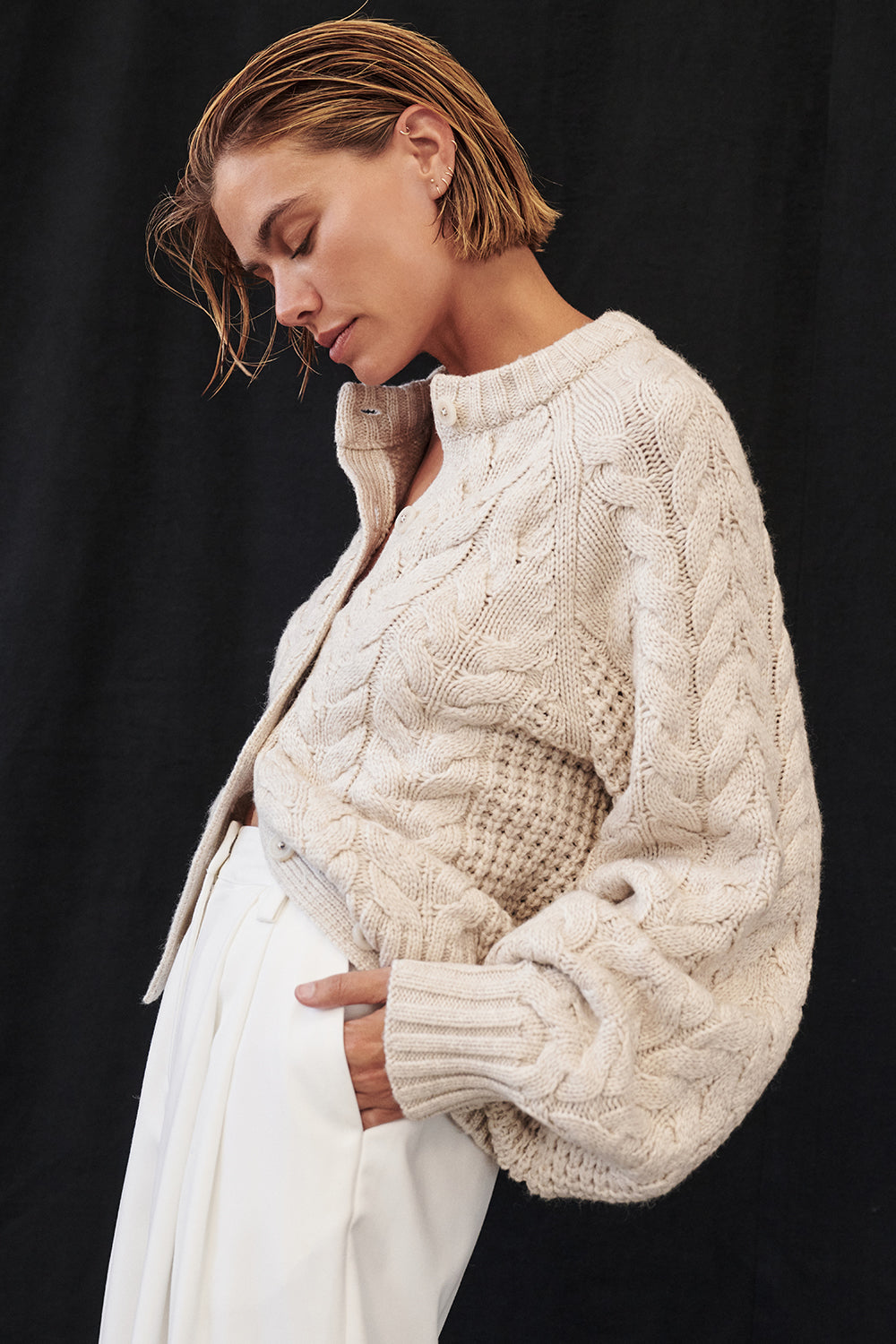Tom Chalk Relaxed Cable Knit Cardigan with Button Placket