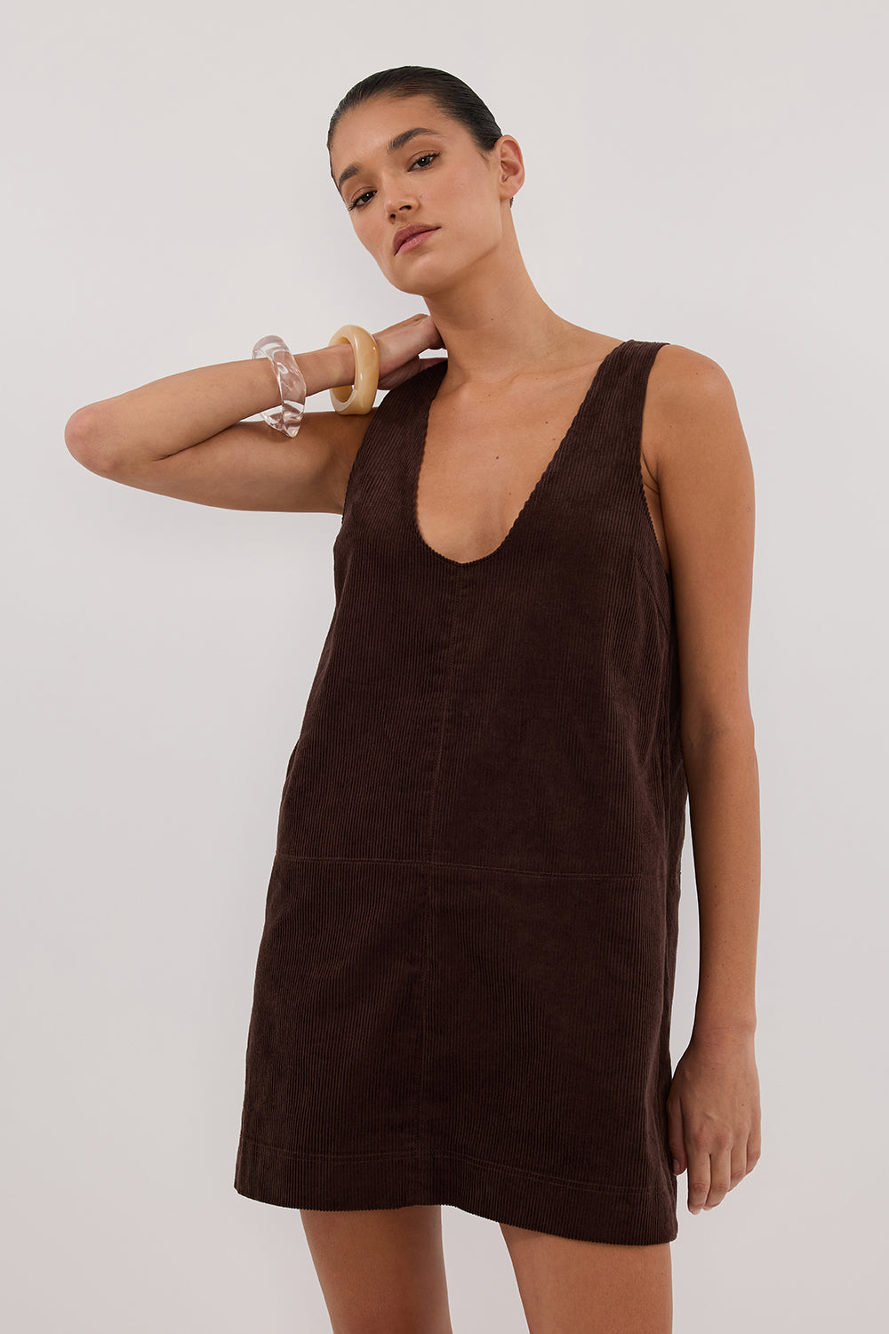 Mila Choc Corduroy Mini Dress - Sleeveless Scoop Neck Cotton Dress