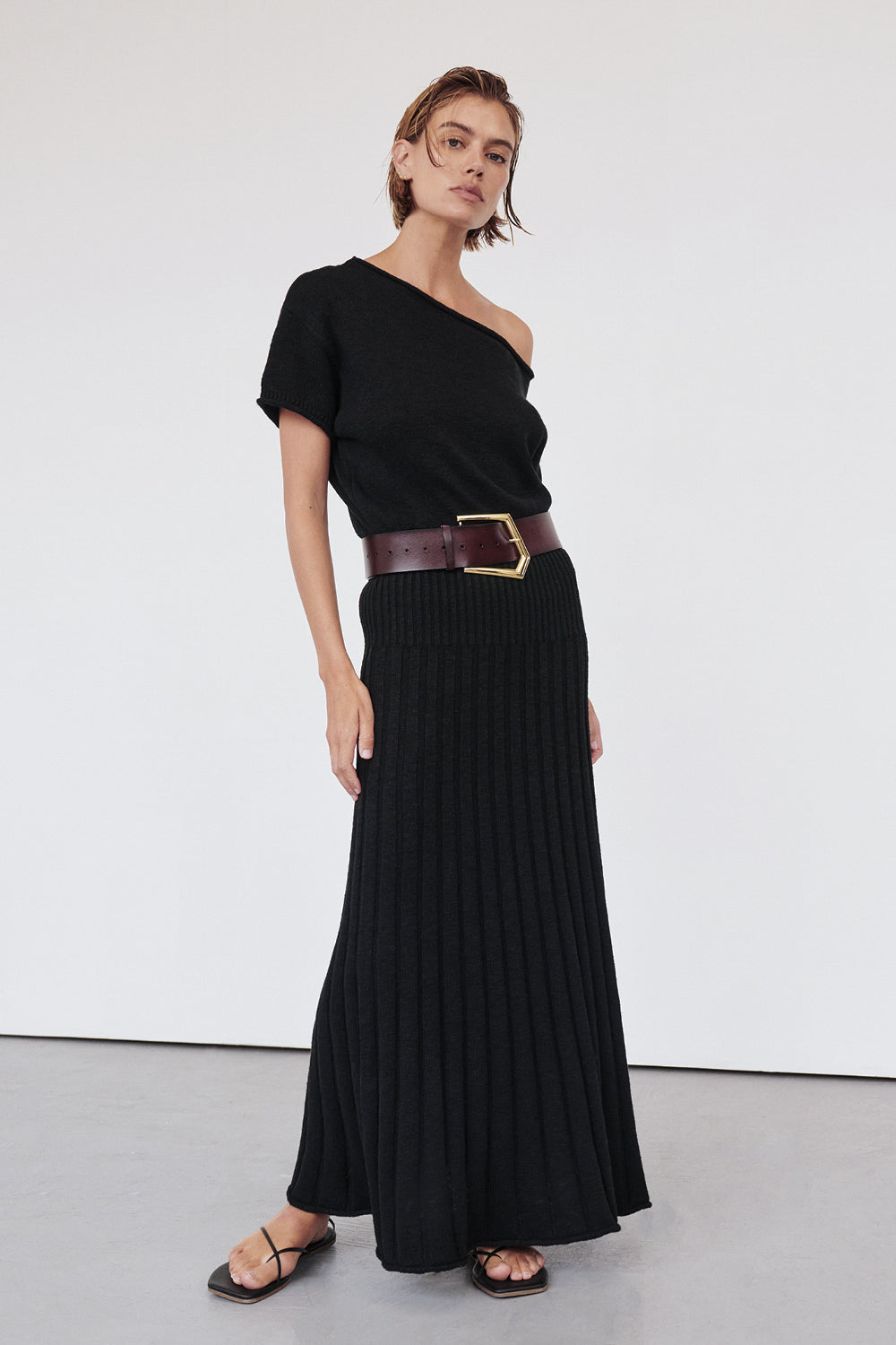 Rick Black Asymmetrical Knit Midi Dress - Off Shoulder with Waist Tie
