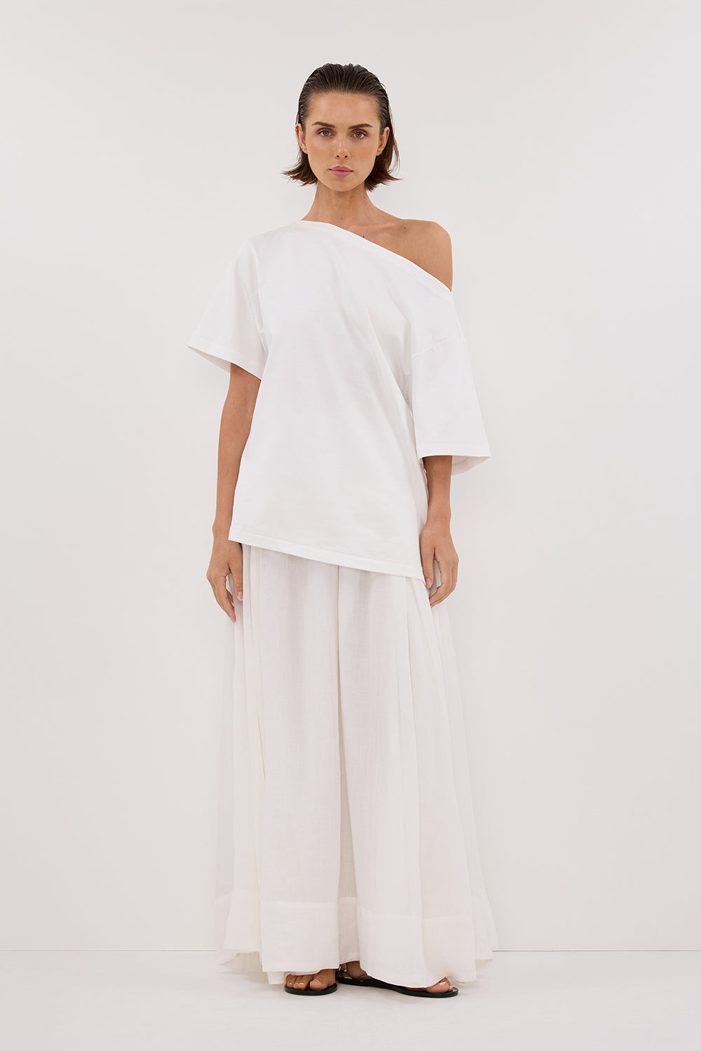 Esme White Asymmetrical Boat Neck T-Shirt - Relaxed Boxy Fit Tee