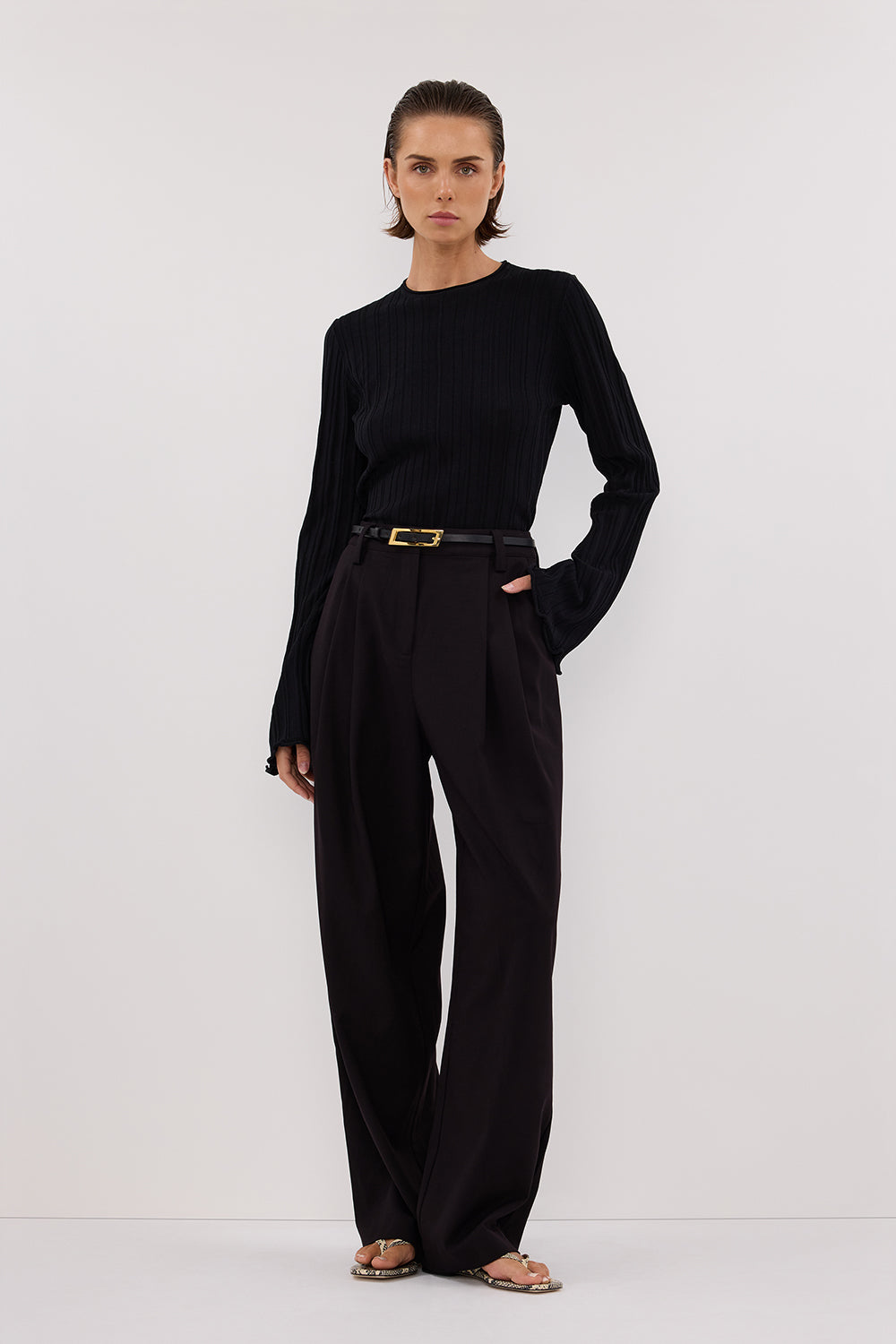 Black Ribbed Knit Top with Bell Sleeves & Crew Neck