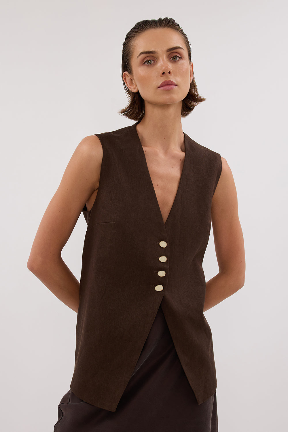 Knox Bitter Chocolate Linen Vest – Adjustable Tie Back Sleeveless
