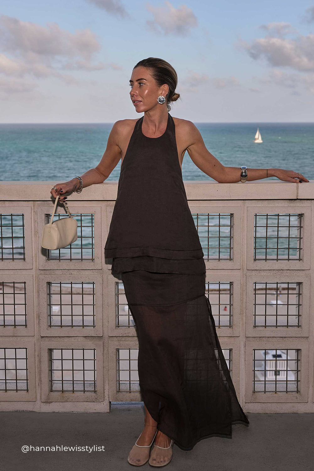 Carmel Petrol Ramie Halter Top - Longline Sleeveless with Open Back