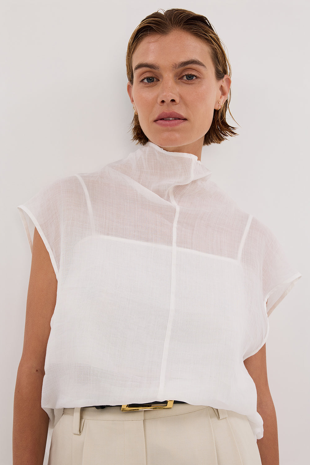 Carmel White Ramie Funnel Neck Top with Removable Slip