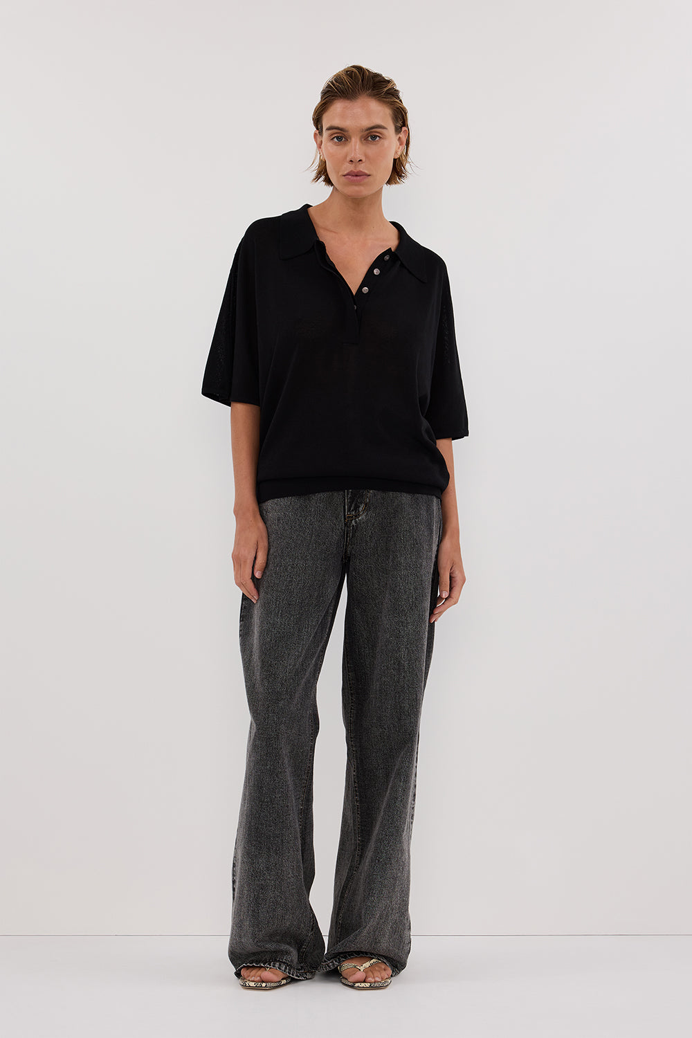 Eli Black Polo Shirt - Relaxed Fit Ribbed Hem Knit Top